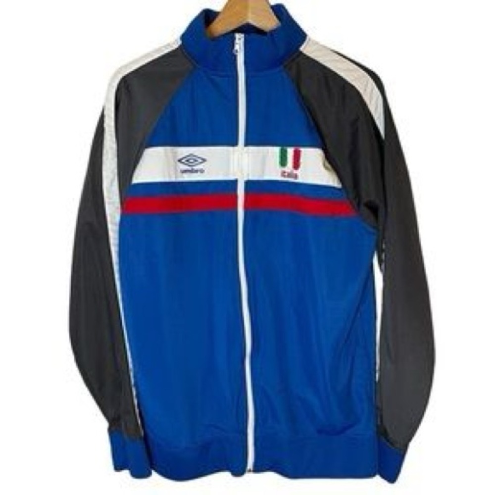 VINTAGE UMBRO MENS FULL ZIP JACKET WITH DETACHABLE HOOD SIZE LARGE BLUE WHITE